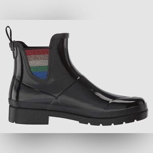 Tretorn Lina 2 black patent waterproof sparkle rainbow rain boots NWOT. Size 7